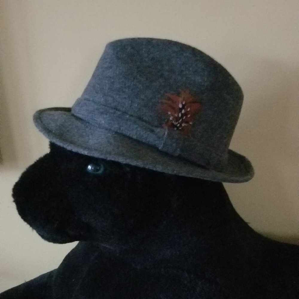 Gray tweed Fedora hat & feather, S, M, vintage 80s, wool blend, unisex